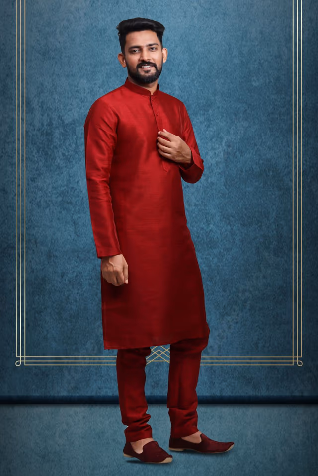 Maroon Kurta Pyjama in Blended Fabric — back view, rent in Bangalore