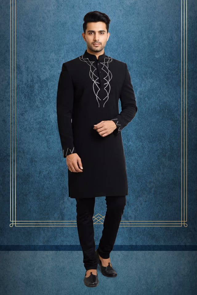 Black Polycotton Kurtha With Threadwork Details Around Front Placket — rent in Calicut