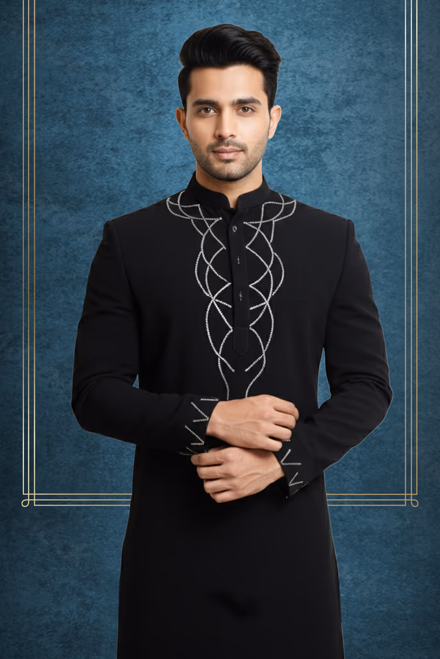 Black Polycotton Kurtha With Threadwork Details Around Front Placket — back view, rent in Calicut