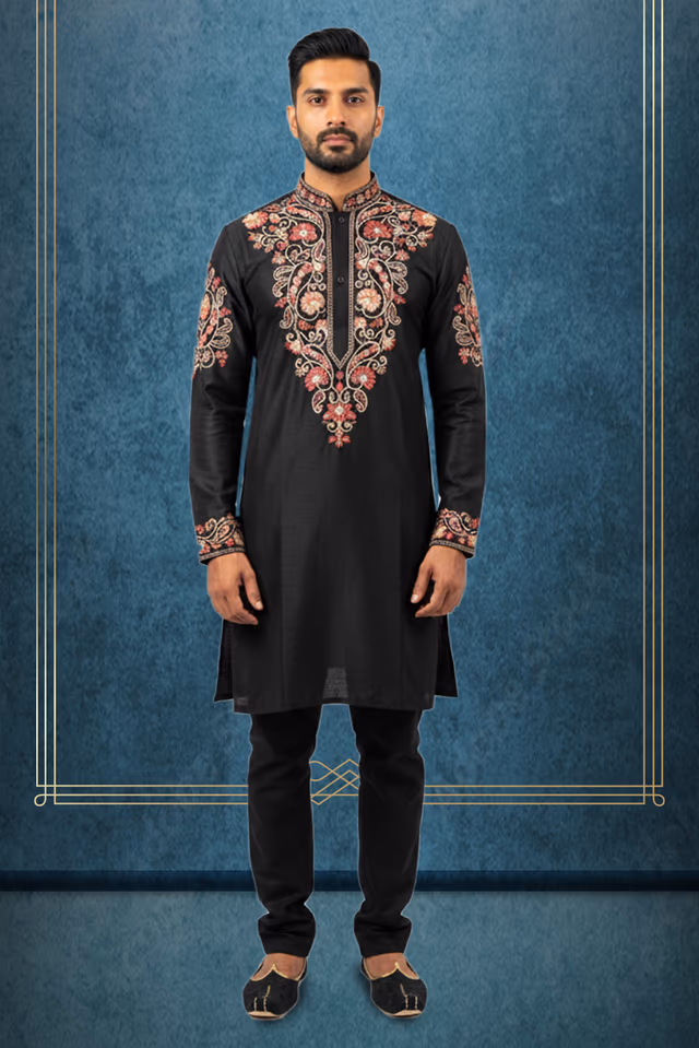 Royal Noir Embroidered Black Kurta Set for Men — rent in Calicut