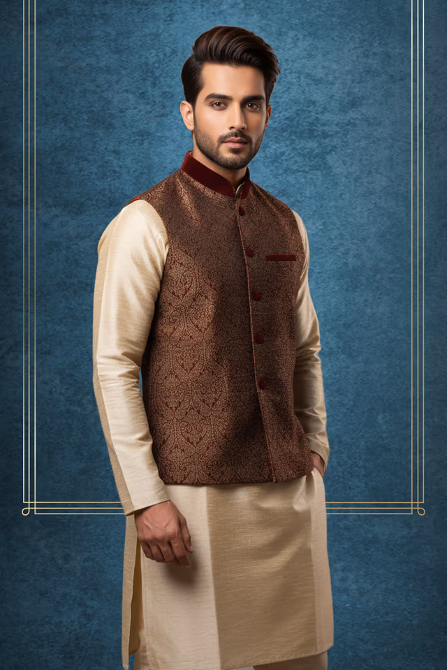 White Polycotton Kutha Pyjama with Detailed Sleeveless Brown Jacket — back view, rent in Calicut