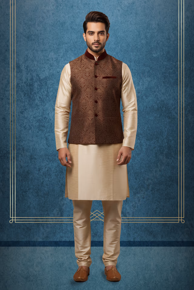 White Polycotton Kutha Pyjama with Detailed Sleeveless Brown Jacket — rent in Calicut