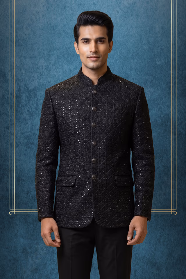 Black Laknavi Bandhgala Jacket With Detailed Embellished Buttons — back view, rent in Calicut