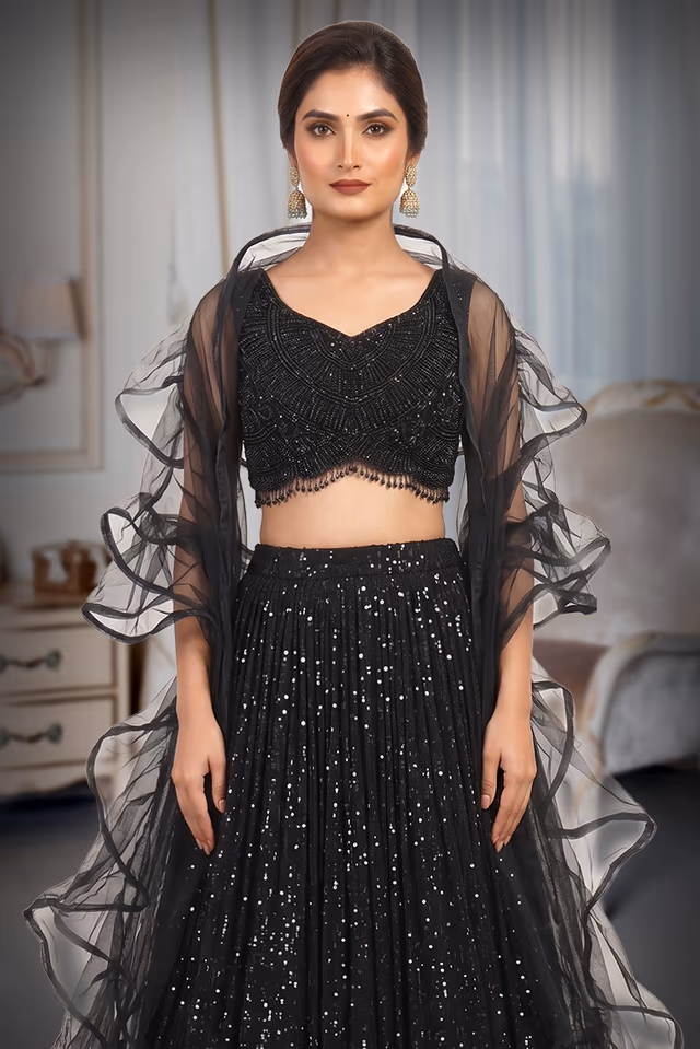 Black Heavy Beads Worked Bridal Lehenga — rent in Kochi