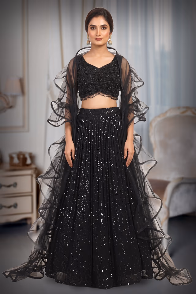 Black Heavy Beads Worked Bridal Lehenga — back view, rent in Kochi