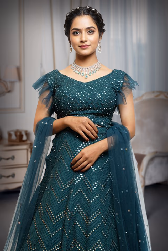 Chevron Pattern Gown with Stone Embellishments — rent in Kochi