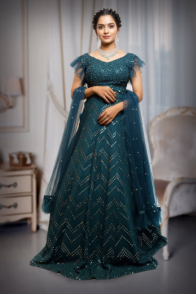 Chevron Pattern Gown with Stone Embellishments — back view, rent in Kochi