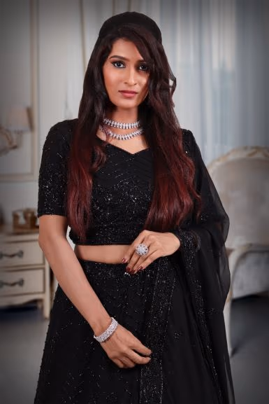 Black cutbead work lehenga — rent in Calicut