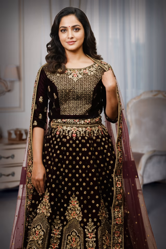 Dark Wine Heavy Embellished Bridal Lehenga With Golden Stone Details On Skirt , Crop Top And Dupatta — rent in Calicut