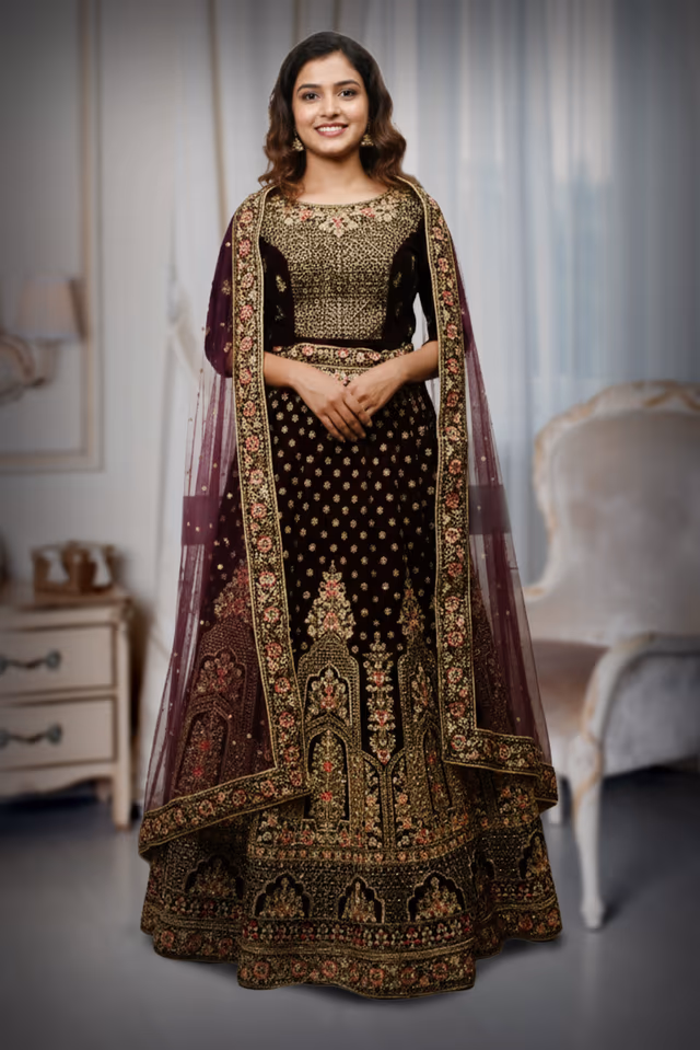 Dark Wine Heavy Embellished Bridal Lehenga With Golden Stone Details On Skirt , Crop Top And… — back view, rent in Calicut