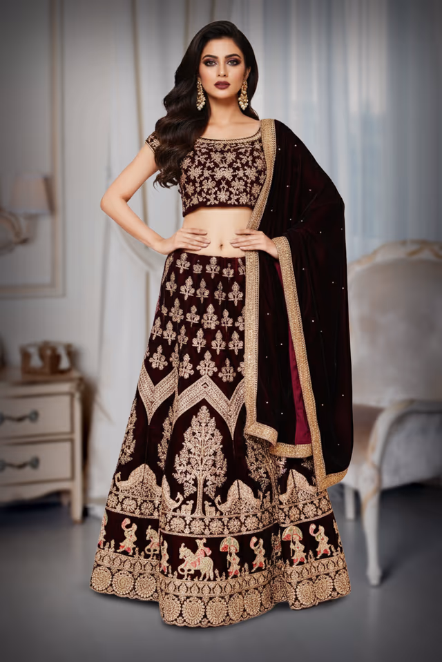 Black lehenga with gold embroidered work — back view, rent in Bangalore