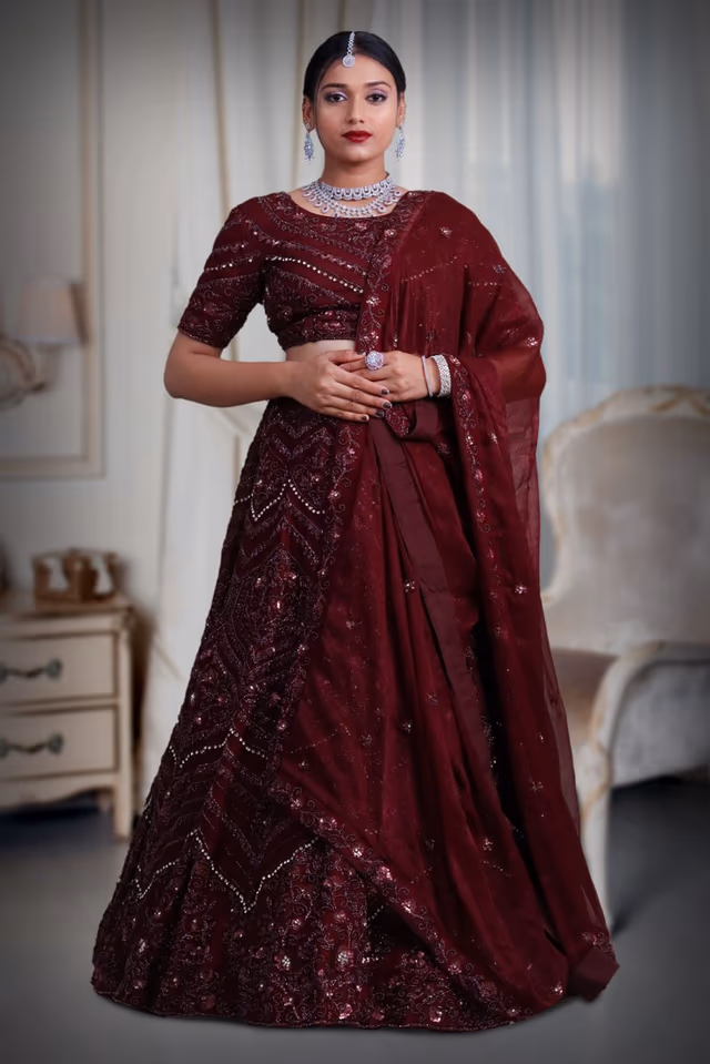 Wine zarkan & beads work lehenga — back view, rent in Coimbatore