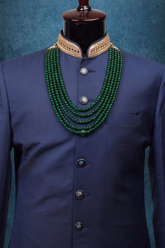Bottle Green Colour Mothi Mala In Five Layers Which Gives A Minimalist Yet Elegant Look — rent in Coimbatore