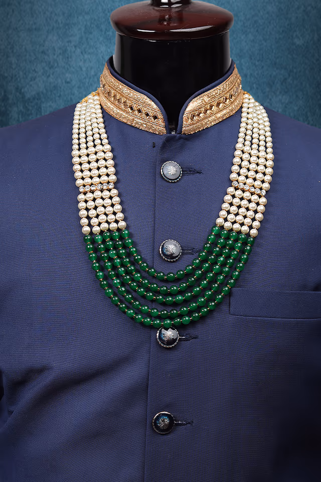White And Green Elegant Mothi Mala With A Beautiful Linear Later Attachment In Stones — rent in Coimbatore