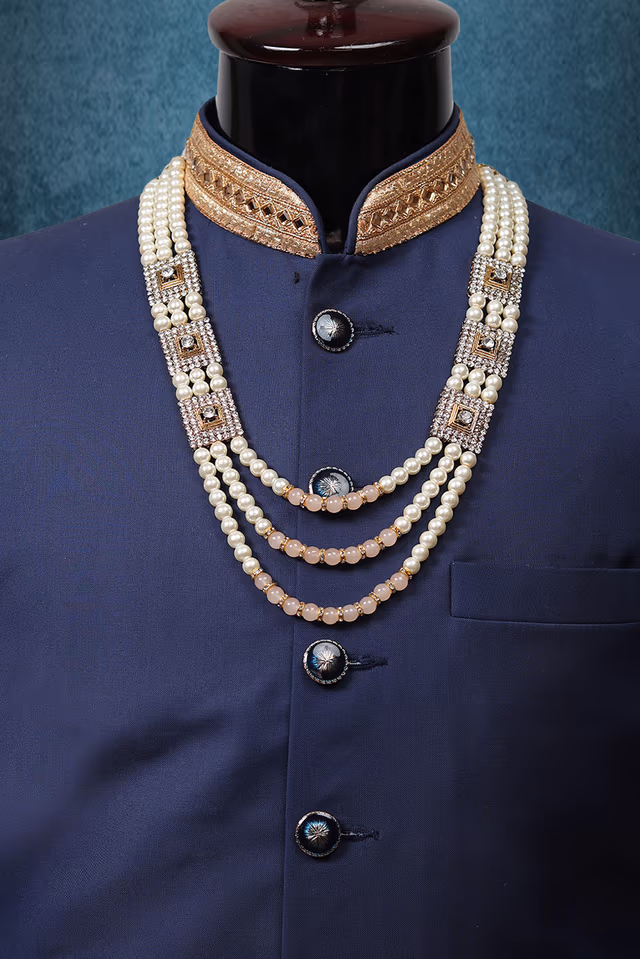 White And pastel orange Kingly Mala With Stone Locket Details — rent in Coimbatore