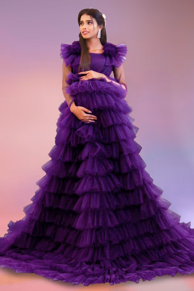 Dark purple tulle prom long gown — back view, rent in Calicut