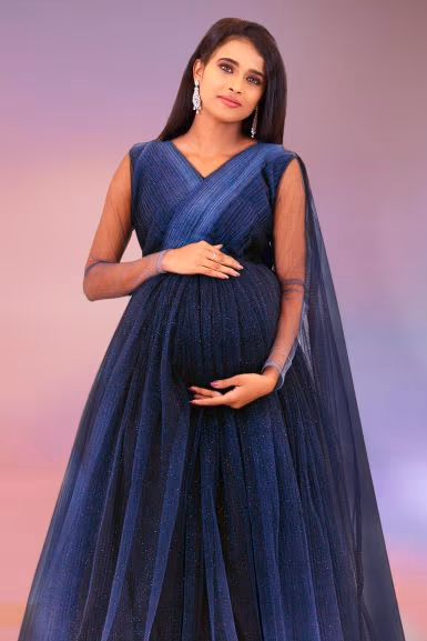Double shade blue colour gathered gown — rent in Calicut