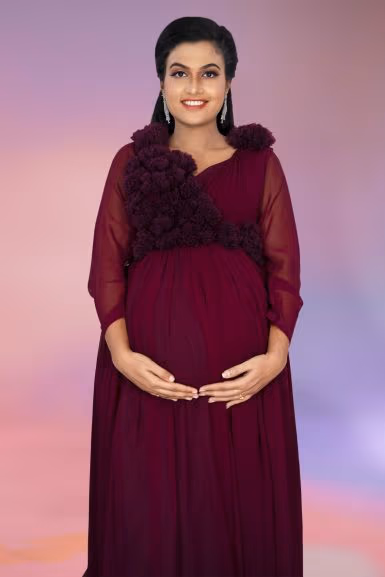 Wine colour gathered gown — rent in Calicut