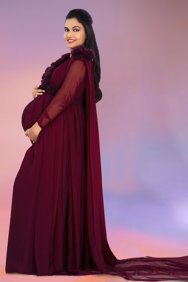 Wine colour gathered gown — back view, rent in Calicut