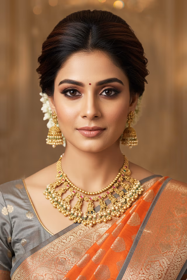 Beautiful Gold Bridal Necklace Highlights Rich Temple Work Embellished With Unique Beads… — back view, rent in Calicut