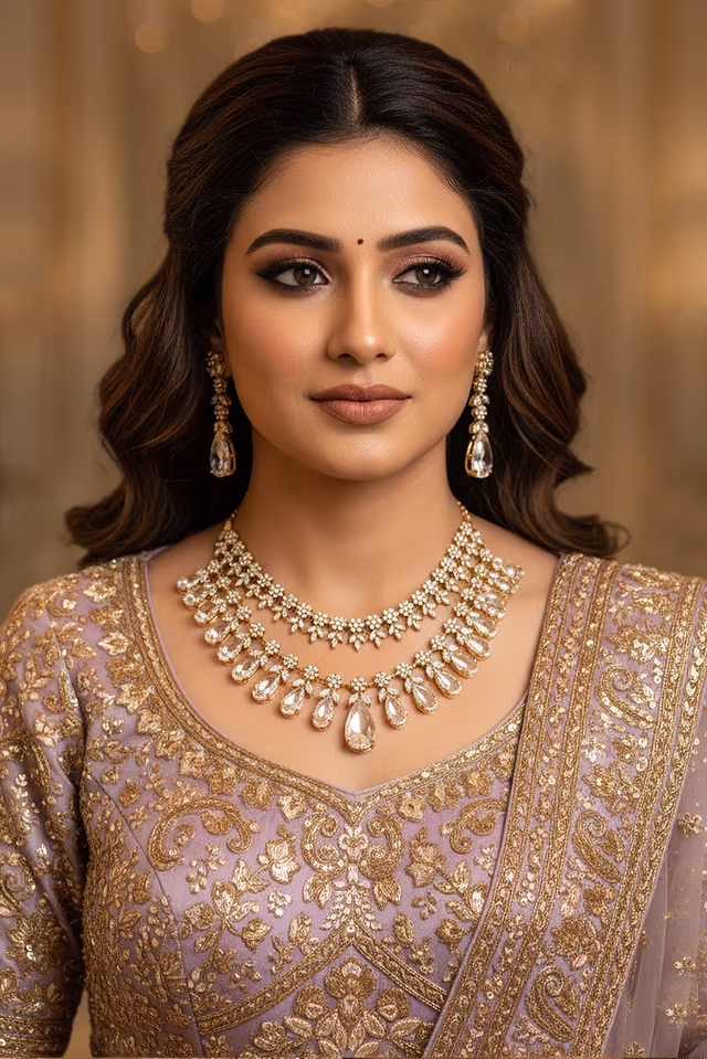 Stunning Piece Showcases A Series Of Dangling White Pear Shaped Drops Giving The Necklace… — back view, rent in Calicut