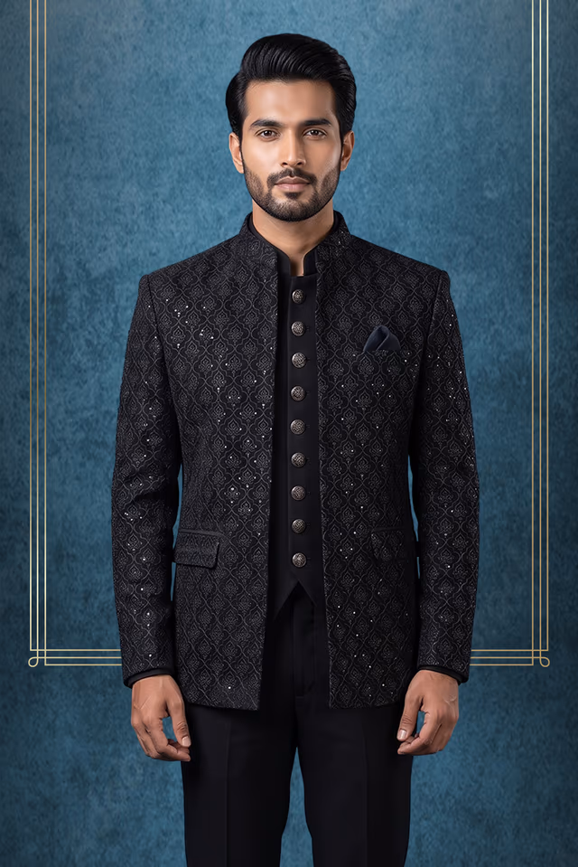 Black Noir Nawabi Jodhpuri With Regal Motif — back view, rent in Kozhikode