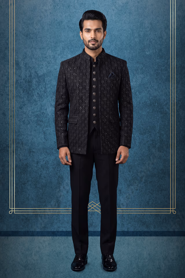 Black Noir Nawabi Jodhpuri With Regal Motif — rent in Kozhikode