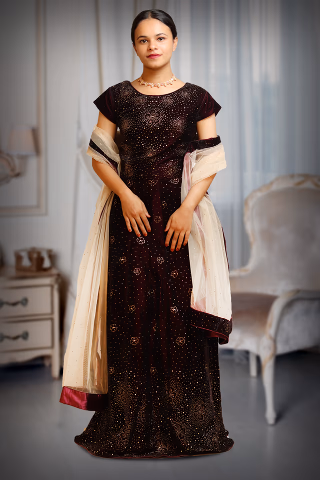 Dark Maroon Wedding Gown With Thread And Dots Embroidery All Over The Gown — back view, rent in Calicut