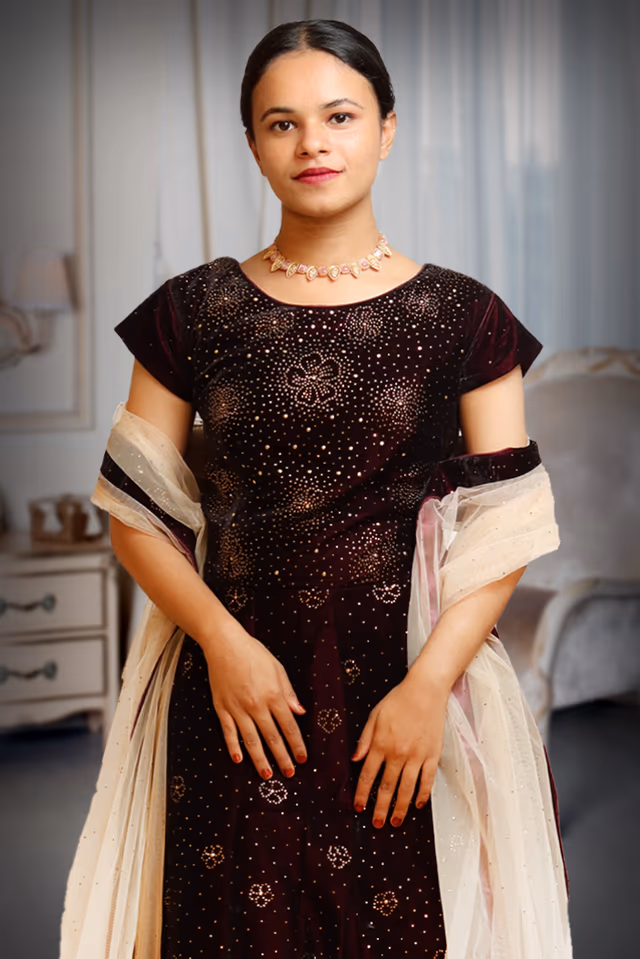 Dark Maroon Wedding Gown With Thread And Dots Embroidery All Over The Gown — rent in Calicut