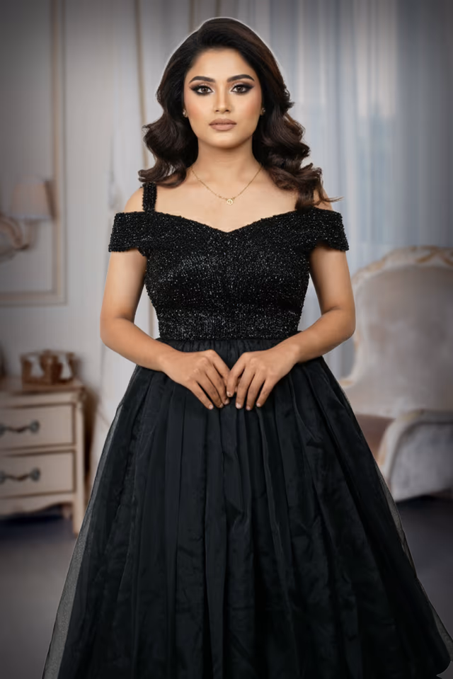 Exquisite Black Evening Gown Featuring A Shimmering Embellished Bodice And A Voluminous Flowing Skirt For… — rent in Calicut