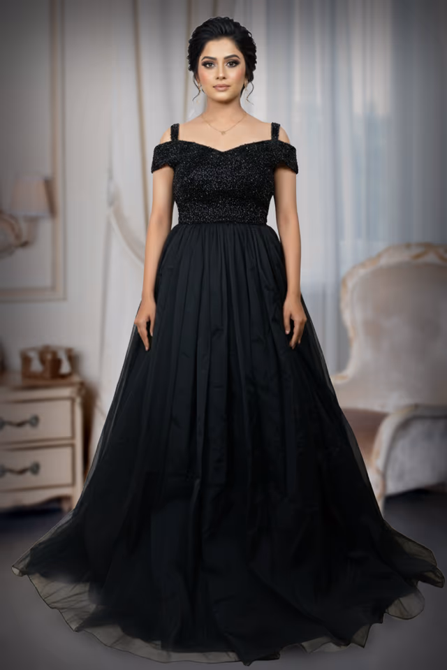 Exquisite Black Evening Gown Featuring A Shimmering Embellished Bodice And A Voluminous… — back view, rent in Calicut