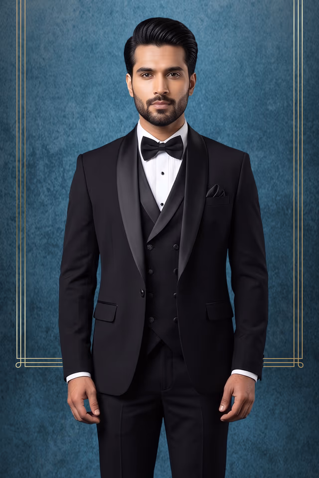 Black Plain Tuxedo With Heightened Black Lapel — back view, rent in Kozhikode
