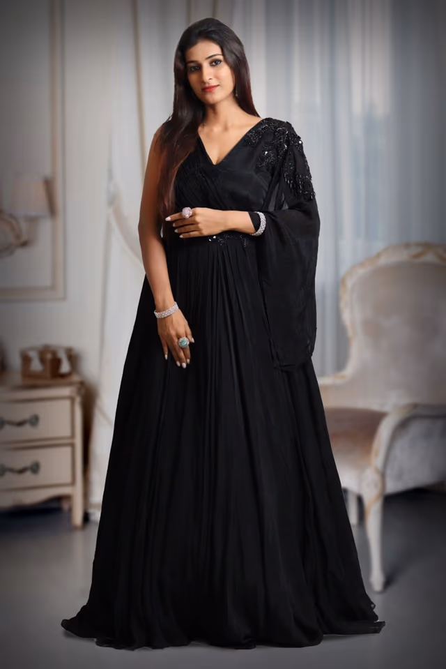 Black Colour Gerorgette Gown With Heavy Work And Single Sleeve In Fall Drape With Stone Work… — back view, rent in Bangalore