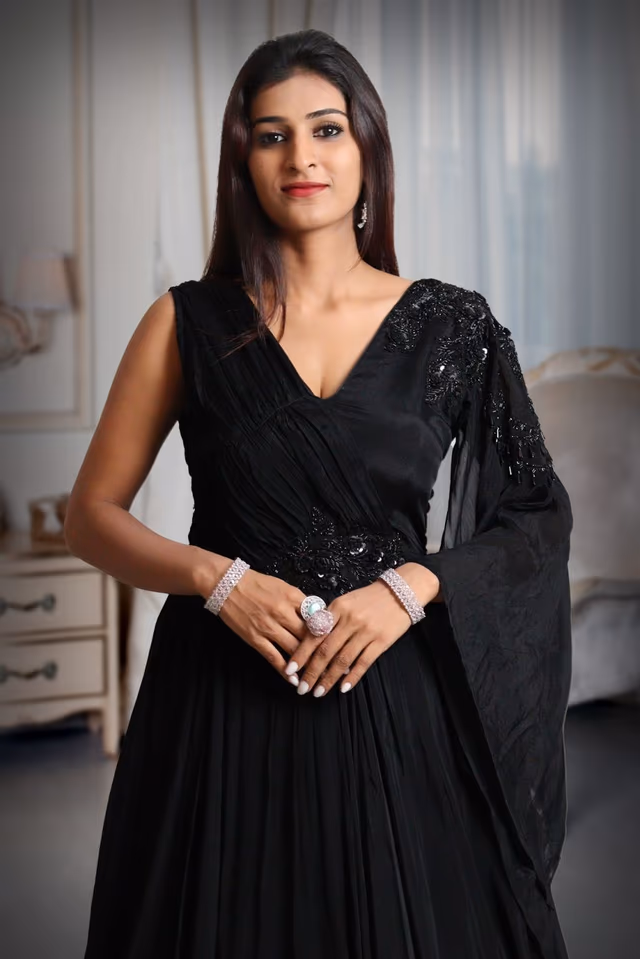 Black Colour Gerorgette Gown With Heavy Work And Single Sleeve In Fall Drape With Stone Work Detailing — rent in Bangalore