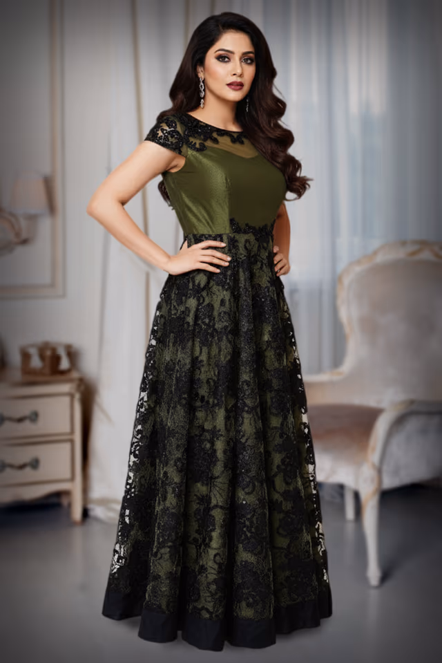 Combination of black and grass green gown — back view, rent in Bangalore