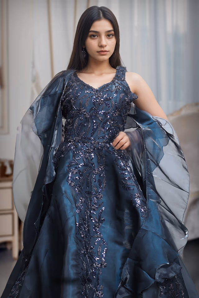 Dark Blue Frilled Gown With Heavy Embellished Front Yoke And Frilled Dupatta — rent in Kochi