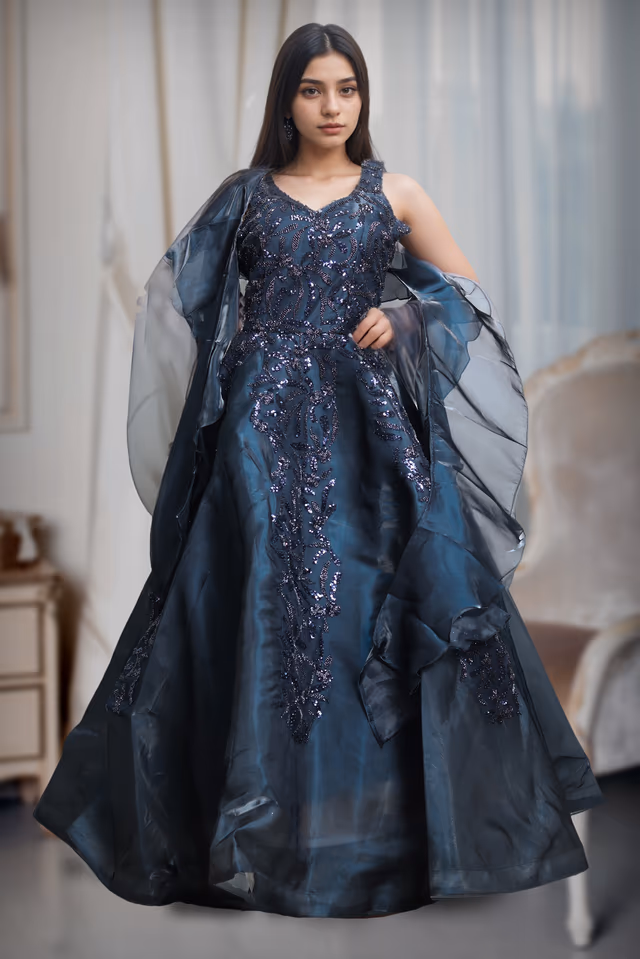 Dark Blue Frilled Gown With Heavy Embellished Front Yoke And Frilled Dupatta — back view, rent in Kochi