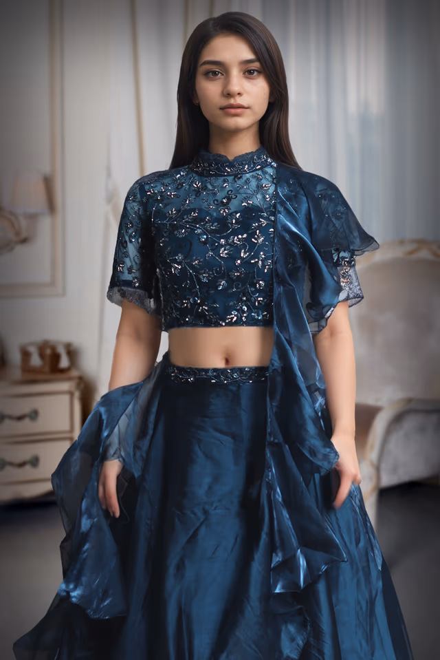 Dark Blue Frilled Lehenga With Stone Worked Crop Top Along With Frilled Dupatta — rent in Kochi