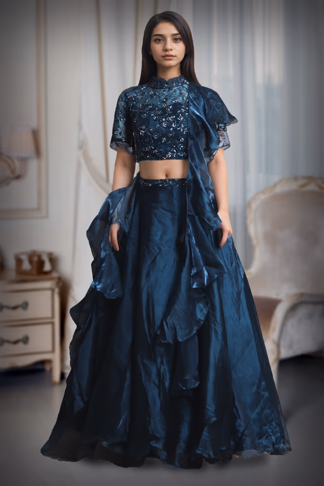Dark Blue Frilled Lehenga With Stone Worked Crop Top Along With Frilled Dupatta — back view, rent in Kochi