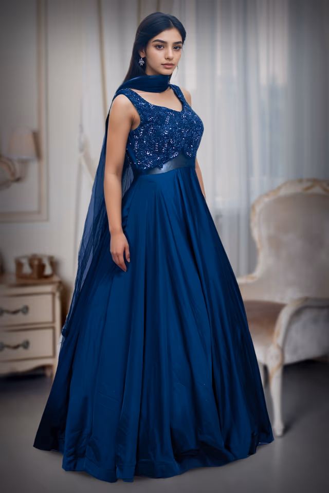 Dark Blue Pre Wedding Gown With Stone Work Details In Yoke Portion And Transparent Waist Line Details — rent in Bangalore