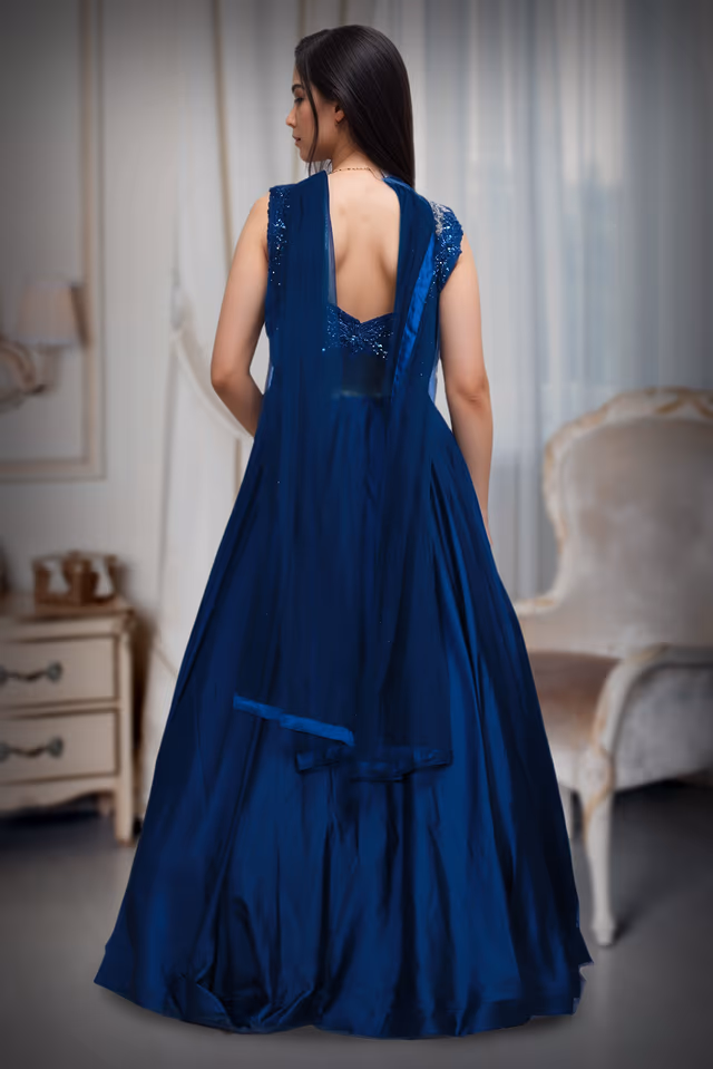 Dark Blue Pre Wedding Gown With Stone Work Details In Yoke Portion And Transparent Waist… — back view, rent in Bangalore