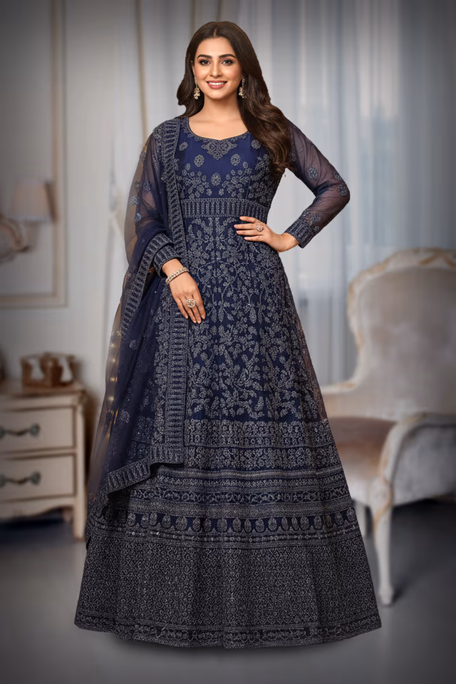 Dark Blue Net Gown With Golden Threadwork And Stonework Details — back view, rent in Coimbatore