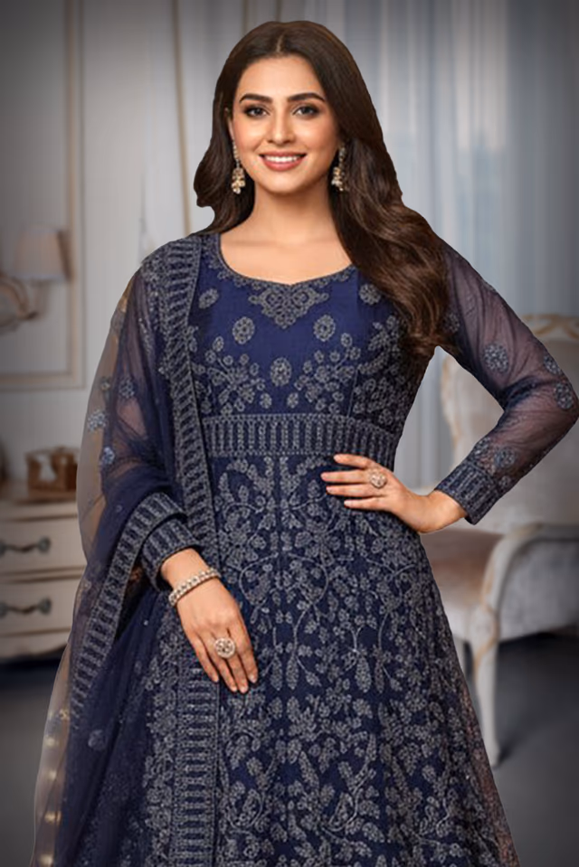 Dark Blue Net Gown With Golden Threadwork And Stonework Details — rent in Coimbatore