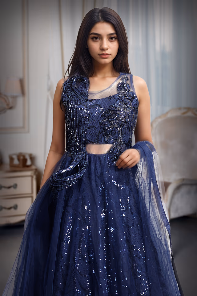 Dark Blue Net Gown With Self Textured Embellishments In Front Yoke Along With Transparent Waist Details — rent in Kochi