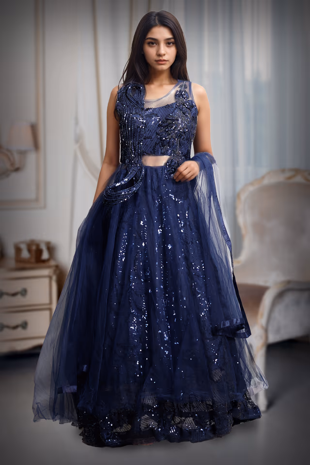 Dark Blue Net Gown With Self Textured Embellishments In Front Yoke Along With Transparent Waist… — back view, rent in Kochi