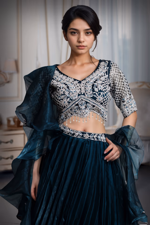 Dark Teal Blue Frilled Pre Wedding Lehenga With Stone Work Detailed Crop Top And Frilled Dupatta — rent in Kochi