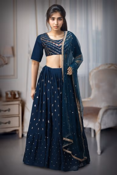 Deep Blue Georgette Flared Lehenga With Heavy Embellished Blouse And Net Dupatta — back view, rent in Coimbatore