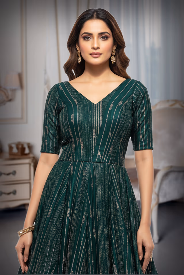 Emerald Green Gown with Silver Linear Foil-Style Embroidery — rent in Kochi