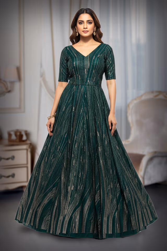 Emerald Green Gown with Silver Linear Foil-Style Embroidery — back view, rent in Kochi
