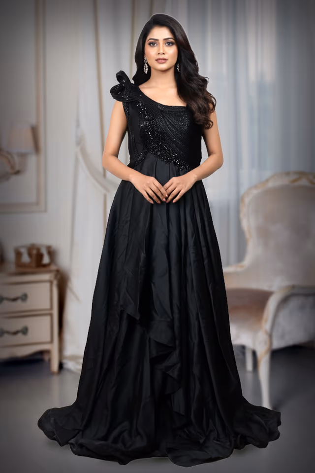 Black Gown Features Stone Details, Creating A Graceful And Luxurious Appearance — back view, rent in Calicut